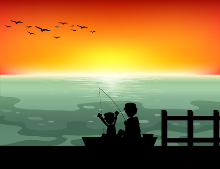 Silhouette people fishing in the oceanのイラスト素材