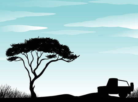 Silhouette scene of field with four wheel drive parking on groundのイラスト素材