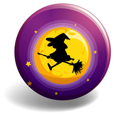 Silhouette witch on broom stick flying over the moonのイラスト素材