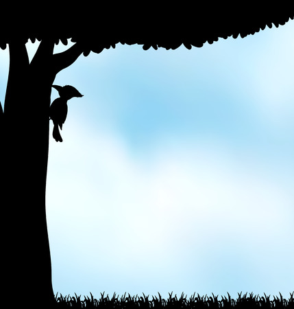 Silhouette woodpecker making hold on the treeのイラスト素材