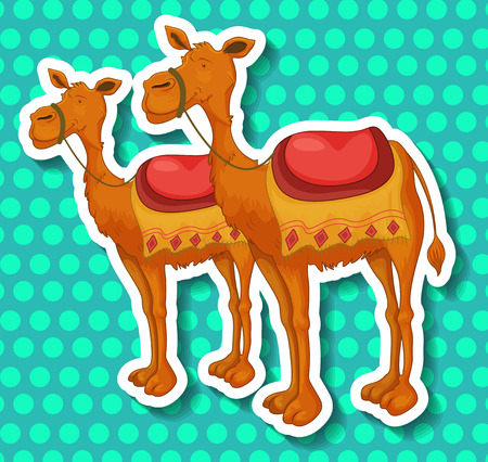 Stickers of two camels on a blue circular pattern backgroundのイラスト素材