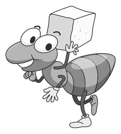 Ant carrying a cube of sugar illustration in black and whiteのイラスト素材