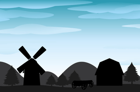 Silhouette farm view with windmill and barnのイラスト素材