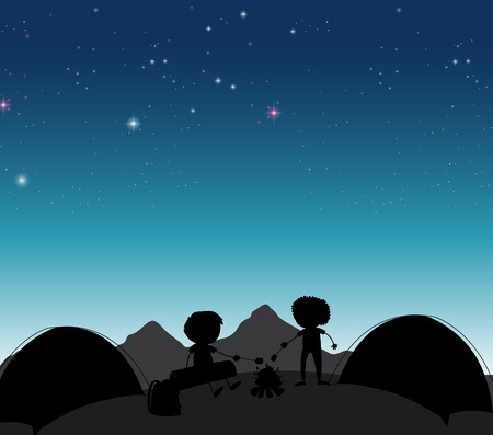 Silhouette boys camping out at night timeのイラスト素材