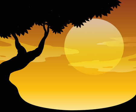 Sunset scene with silhouette tree and fieldのイラスト素材