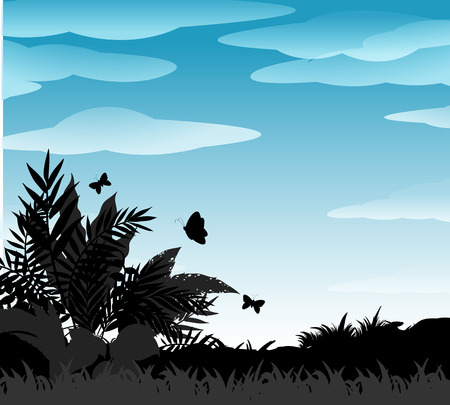 Silhouette bush and butterflies with blue sky backgroundのイラスト素材