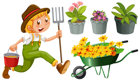 Boy with gardening tools and plants on white backgroundのイラスト素材