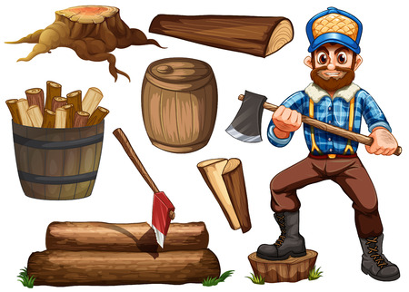 Lumber jack holding axe and set of fire woodのイラスト素材