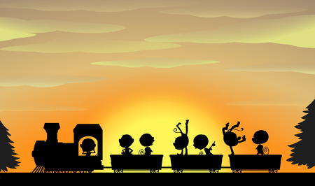 Silhouette of monkeys sitting on a train with sunset in the backgroundのイラスト素材