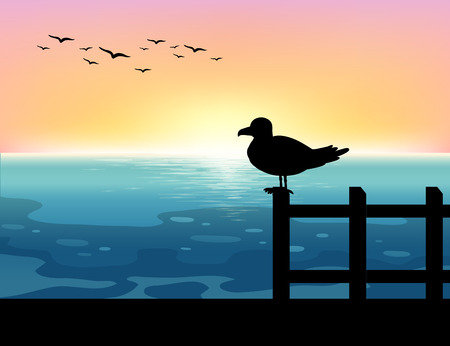 Sihouette bird at sea illustrationのイラスト素材