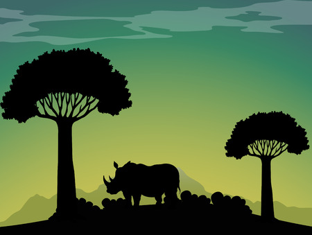 Silhouette rhino in the field illustrationのイラスト素材