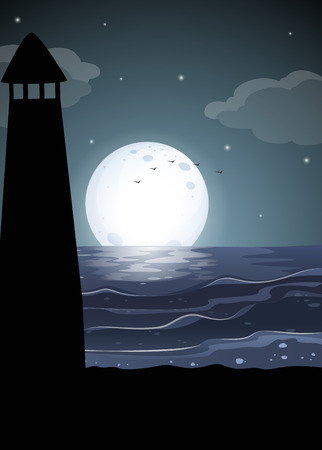 Silhouette lighthouse by the ocean illustrationのイラスト素材