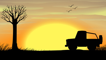Silhouette sunset scene with a truck illustrationのイラスト素材