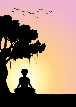 Silhouette man meditating under the tree illustrationのイラスト素材