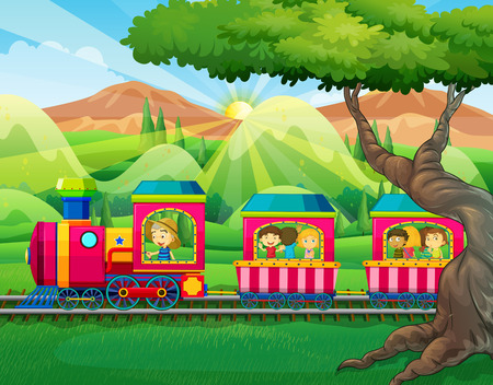 Children riding on the train illustrationのイラスト素材