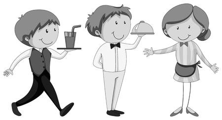 Male and female waiters serving illustrationのイラスト素材