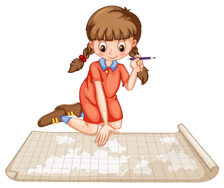 Girl plotting on map illustrationのイラスト素材