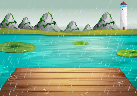 Lake scene during the rain illustrationのイラスト素材