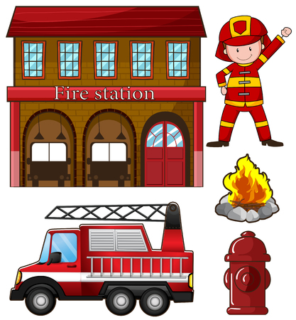 Fireman and fire station illustrationのイラスト素材