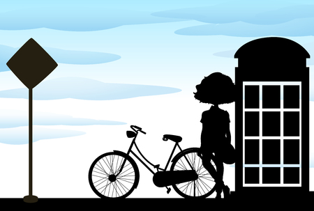 Silhouette of woman standing with bicycle illustrationのイラスト素材