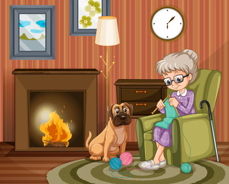 Old woman sitting knitting with dog besides illustrationのイラスト素材