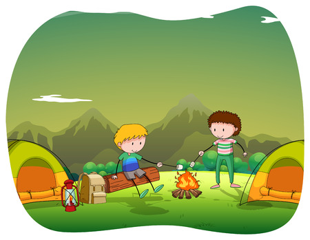 Two men camping out in the field illustrationのイラスト素材