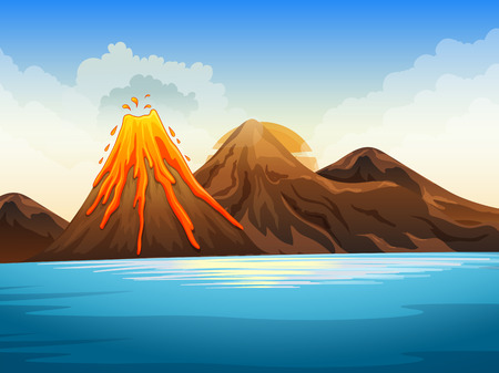 Volcano eruption by the lake illustrationのイラスト素材