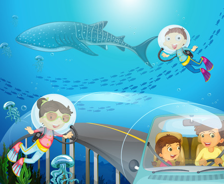 Boy and girl scuba diving under the ocean illustrationのイラスト素材