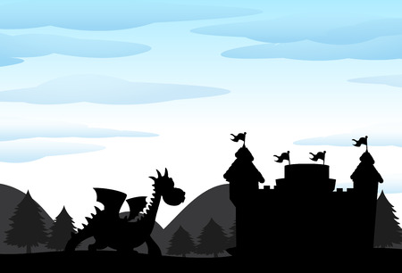 Silhouette scene of castle and dragon illustrationのイラスト素材