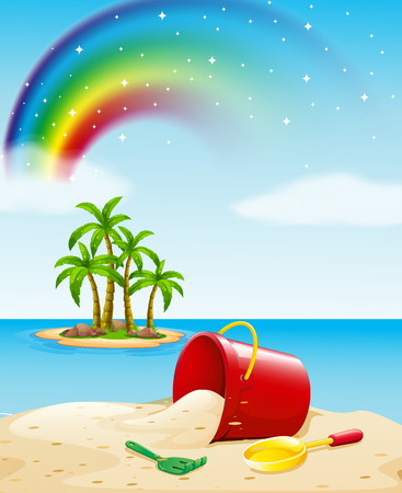 Ocean view with toys on the sand illustrationのイラスト素材