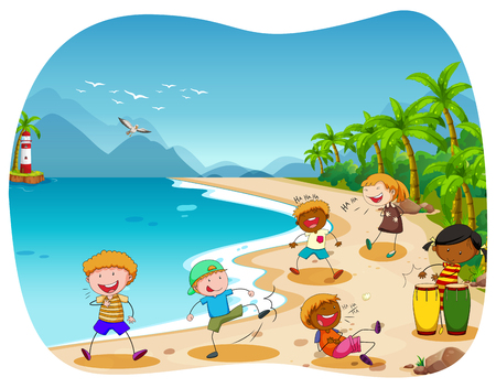 Children playing on the beach illustrationのイラスト素材