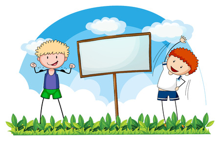 Two boys exercising in the field illustrationのイラスト素材