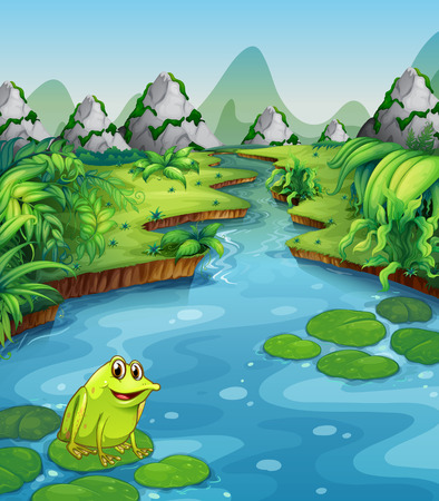 River scene with frog on leaf illustrationのイラスト素材