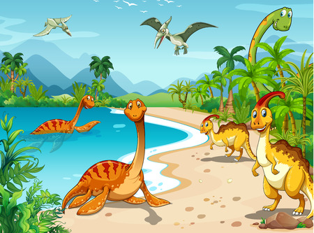 Dinosaurs living on the beach illustrationのイラスト素材