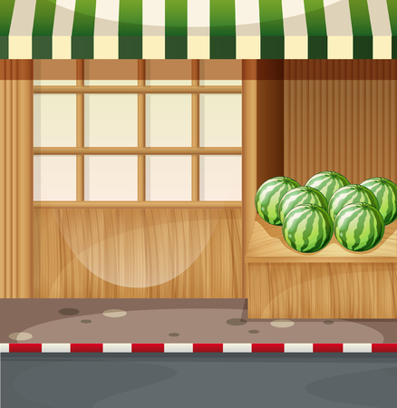 Watermelon in front of a shop illustrationのイラスト素材