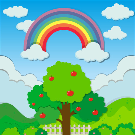 Rainbow over the apple tree illustrationのイラスト素材
