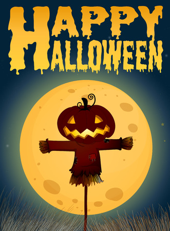 Halloween theme with scarecrow on fullmoon illustrationのイラスト素材