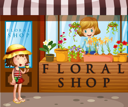 Floral shop with seller and customer illustrationのイラスト素材