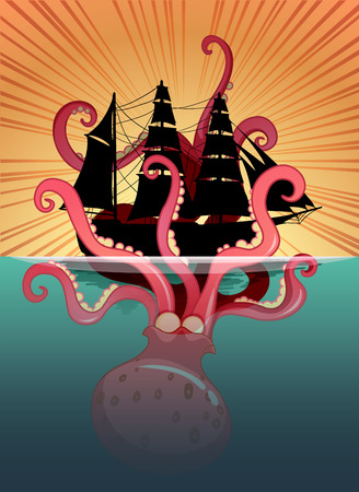 Sea monster and sailing ship illustrationのイラスト素材