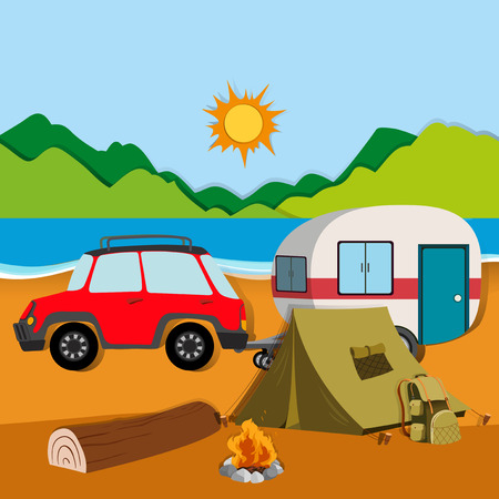 Cameground with tent and caravan illustrationのイラスト素材