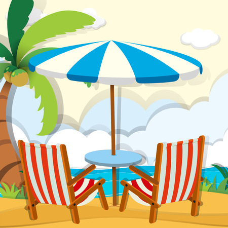 Chairs and umbrella on the beach illustrationのイラスト素材