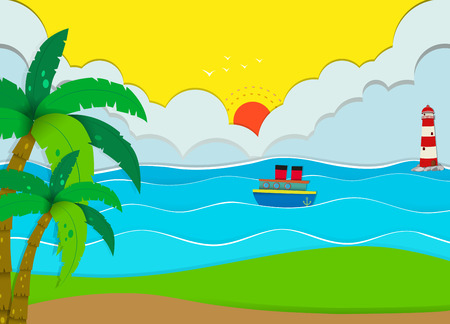 Ocean scene with beach and boat illustrationのイラスト素材