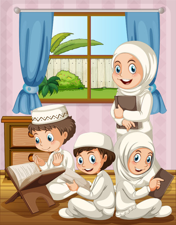 Muslim family praying in the house illustrationのイラスト素材