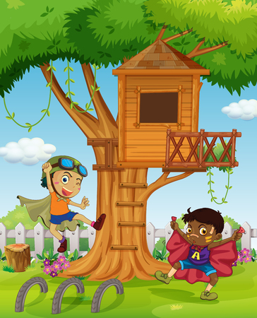 Boys playing in the garden illustrationのイラスト素材