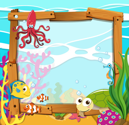 Border design with sea animals illustrationのイラスト素材