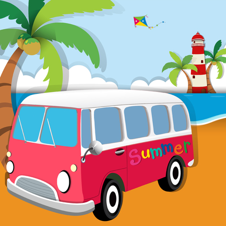 Summer theme with van on the beach illustrationのイラスト素材