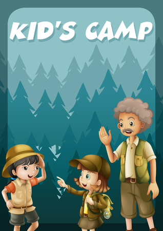 Kid going camping in the forest illustrationのイラスト素材