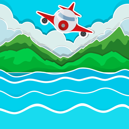 Airplane flying over the lake illustrationのイラスト素材
