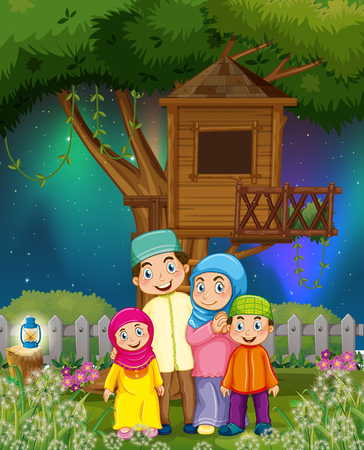 Muslim family in the garden at night illustrationのイラスト素材