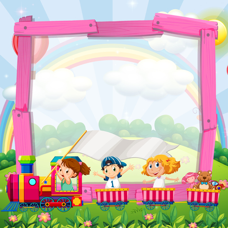 Border design with children on the train illustrationのイラスト素材